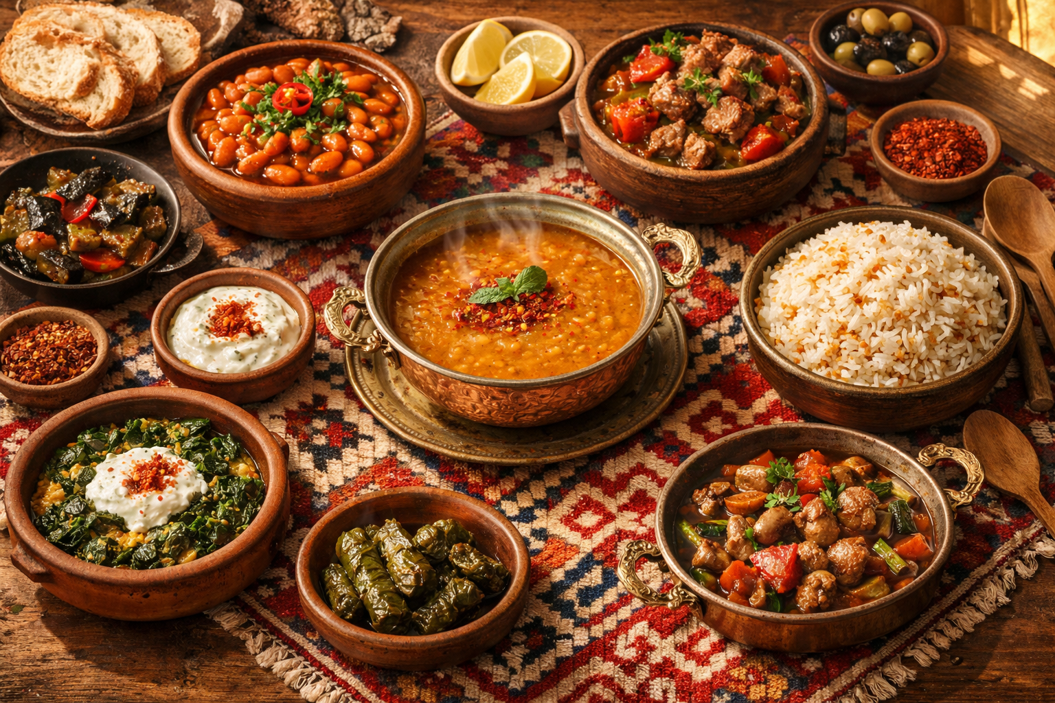 Geleneksel Anadolu sofrası, bakır tencerede taze pişmiş yemekler