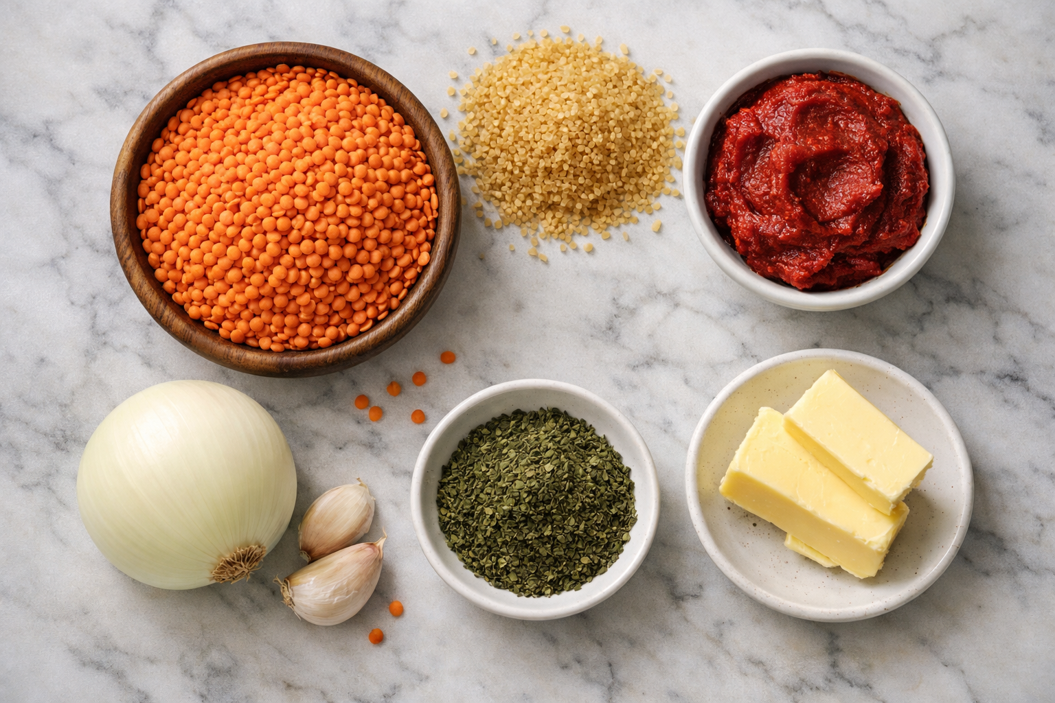 Ezogelin çorbası için mercimek, bulgur ve pirinç malzemeleri