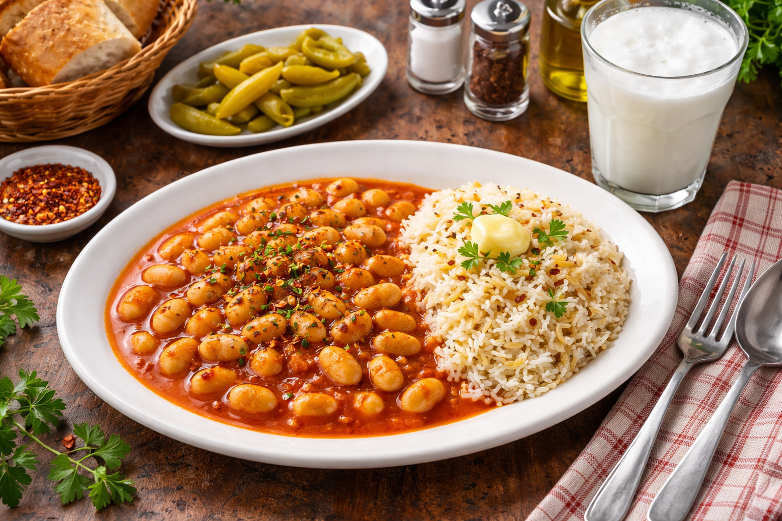 Kuru fasulye ve yanında pirinç pilavı