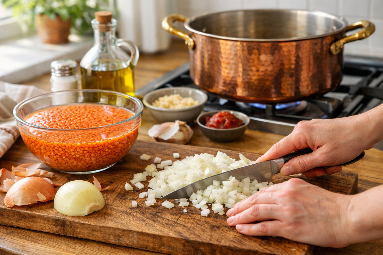 Kırmızı mercimek çorbası hazırlanırken tencerede kıvam kontrolü