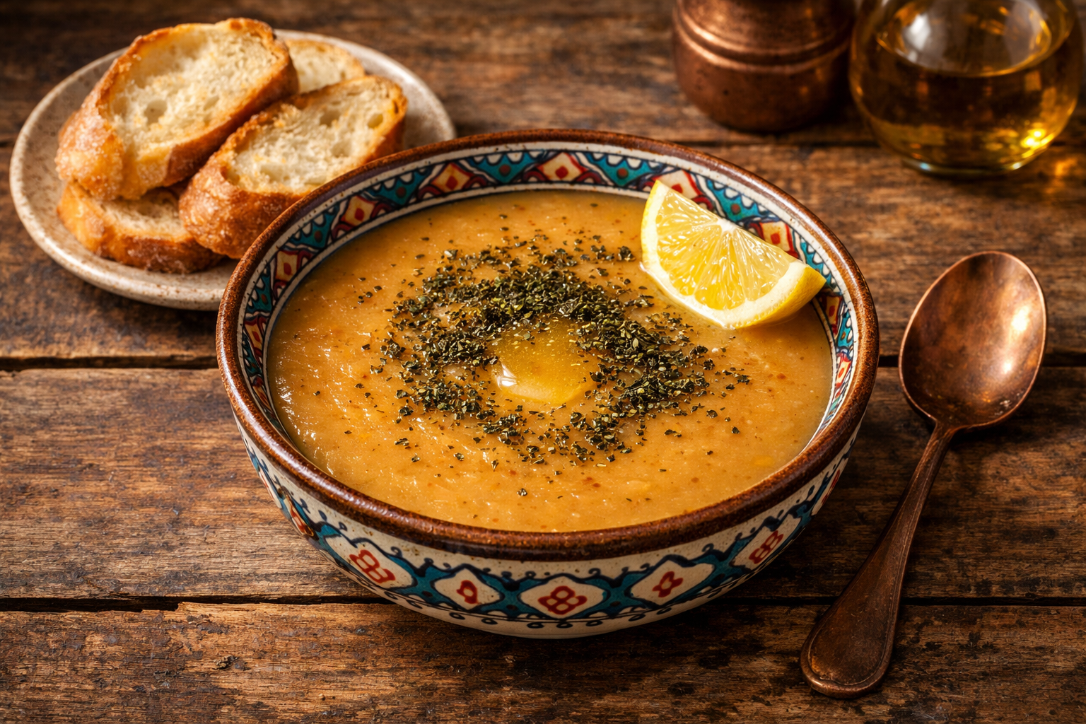 Mercimek çorbası limon dilimi ve ekmekle servis edilirken