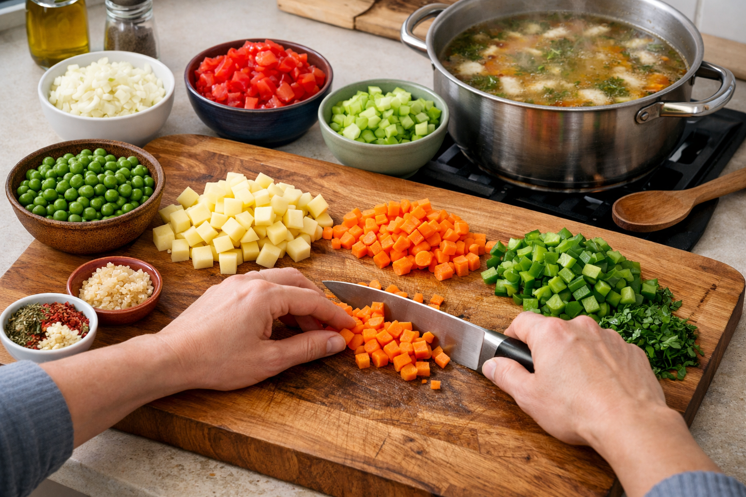 Kış sebzeleri doğranmış ve çorba hazırlığı için hazır