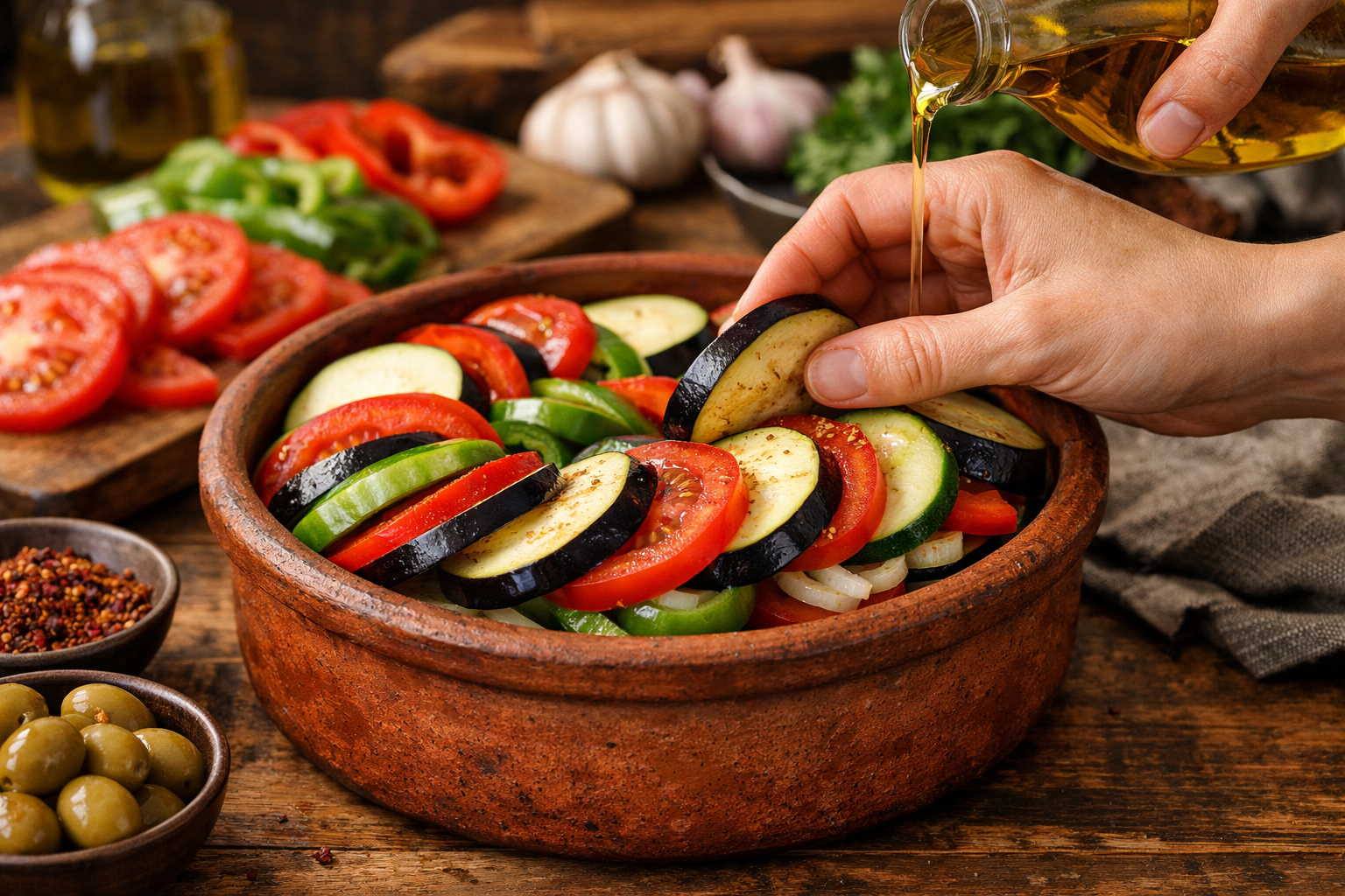 Güveç kabında katmanlanmış sebzeler