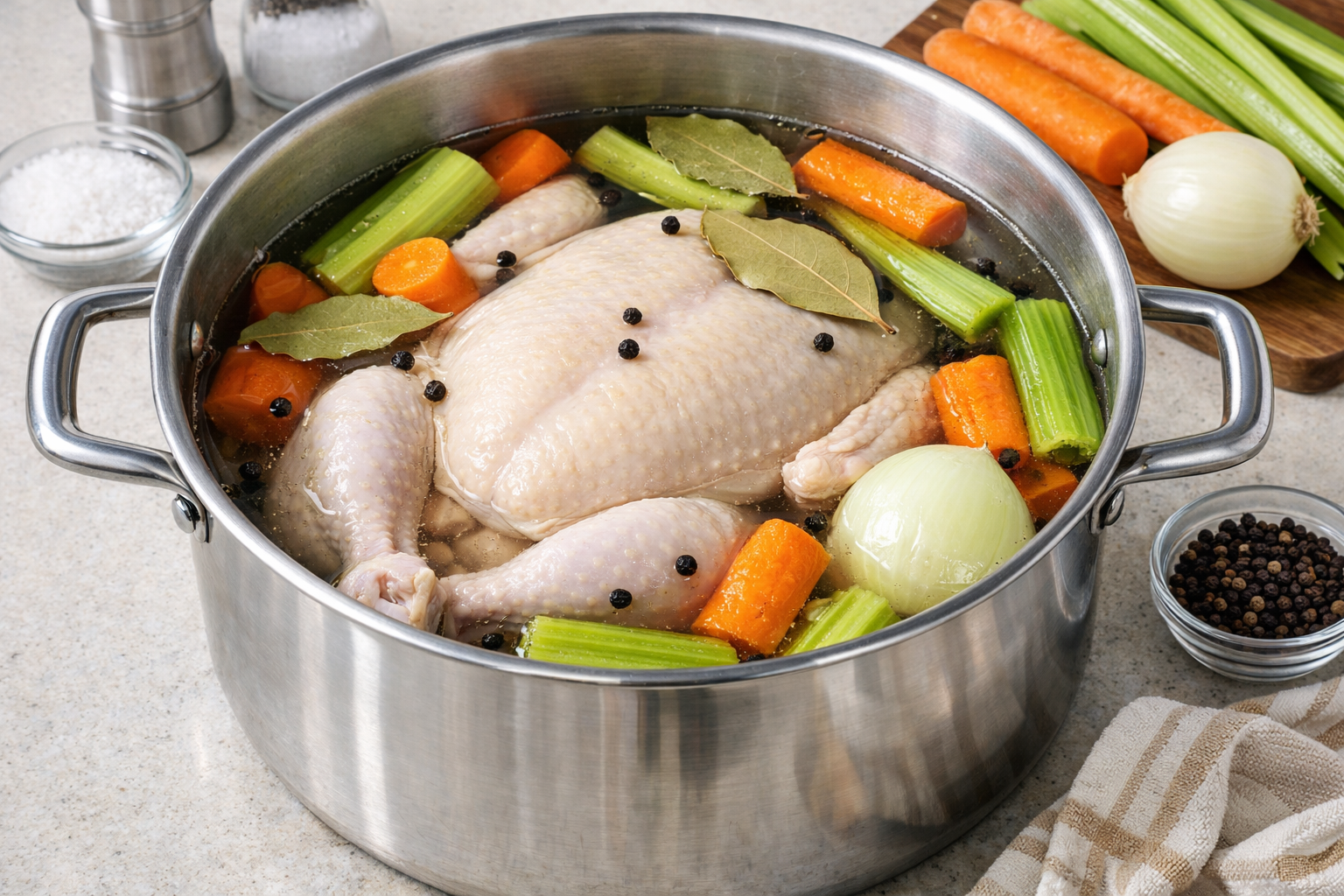 Tencerede kemikli tavuk parçalarıyla tavuk suyu hazırlanırken