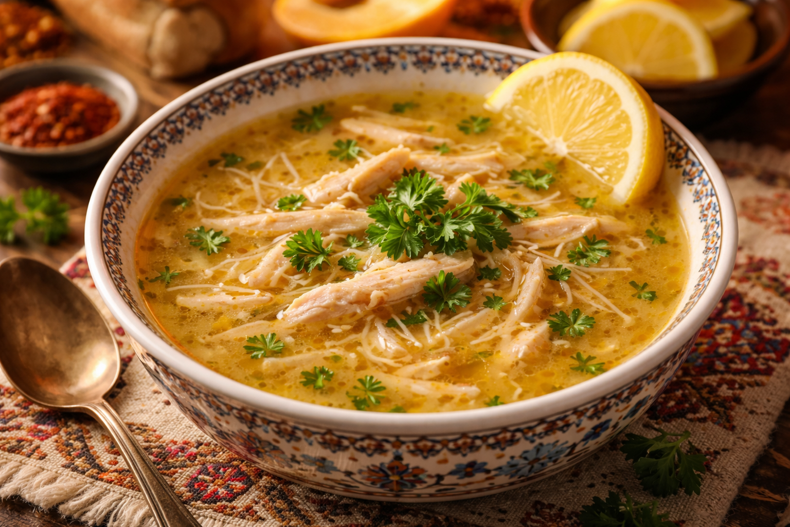 Terbiyeli tavuk çorbası zarif bir kasede servis edilirken